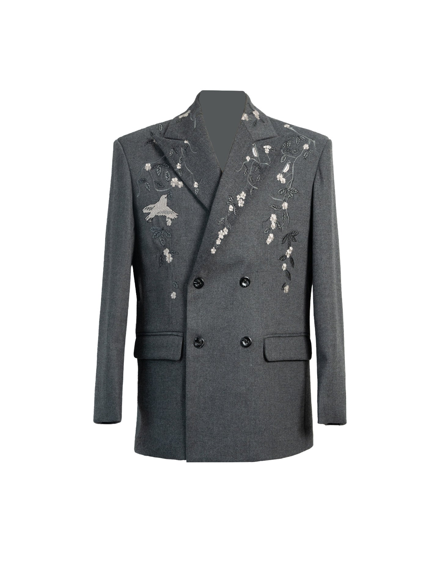 Floral Embroidery Double-Breasted Tailored Jacket & Wide-Leg Trousers Setup WN23629