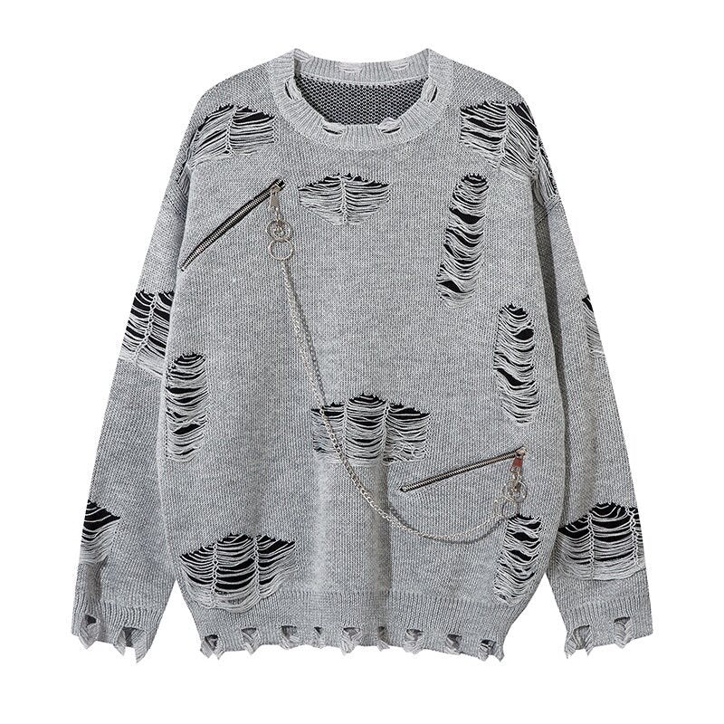 Damage Zipper Chain Detail Knit Sweater WN24497