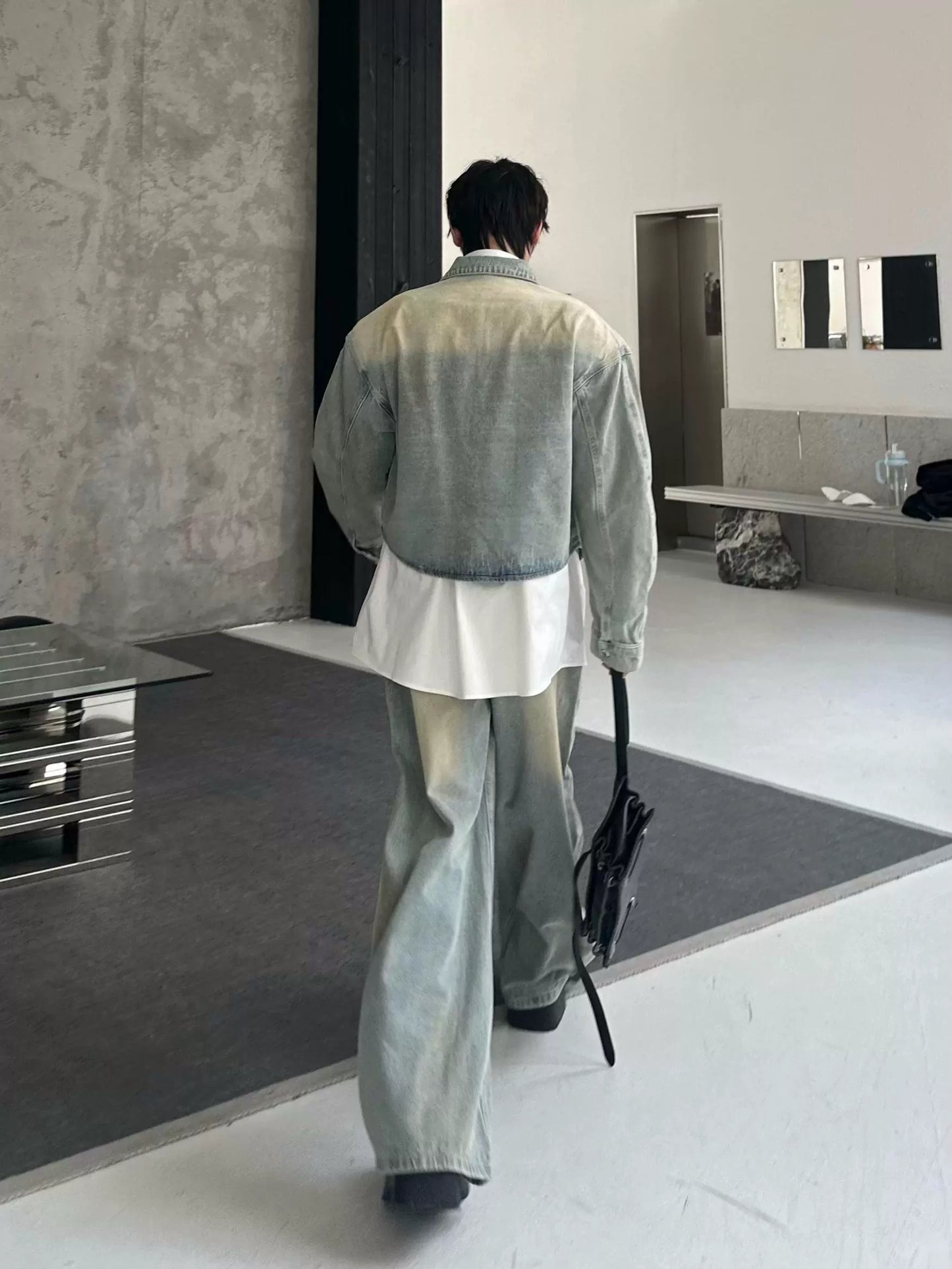 Gradient Washed Zipper Jacket & Washed Flare Denim Jeans Setup WN16758