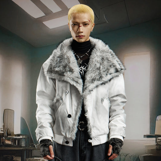 Damage Dye Fake Fur Lapel Puffer Jacket WN22764