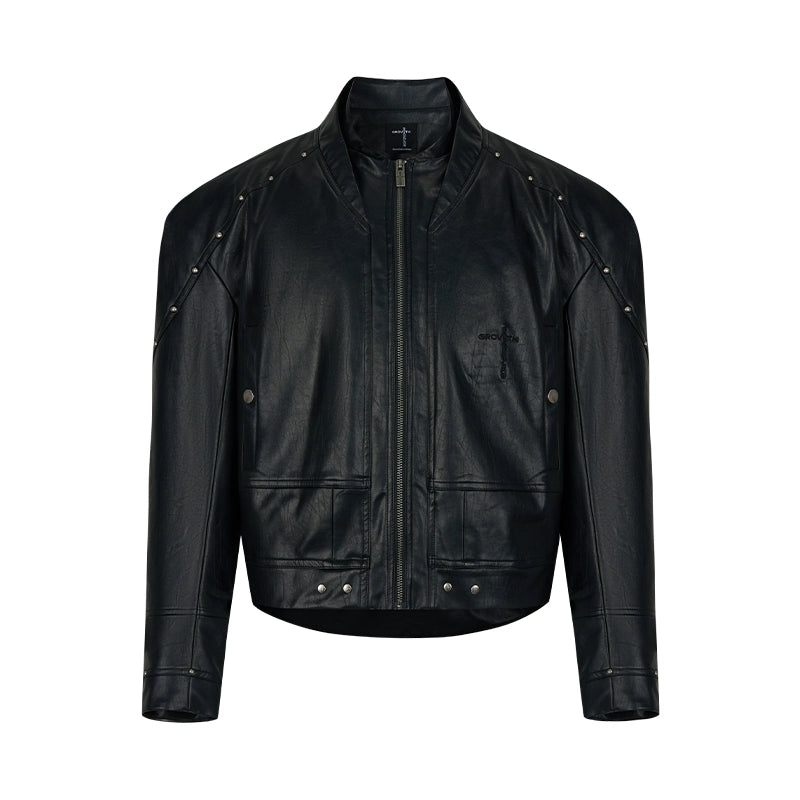 Embroidery Curved Design Zipper PU Leather Short Jacket WN18047