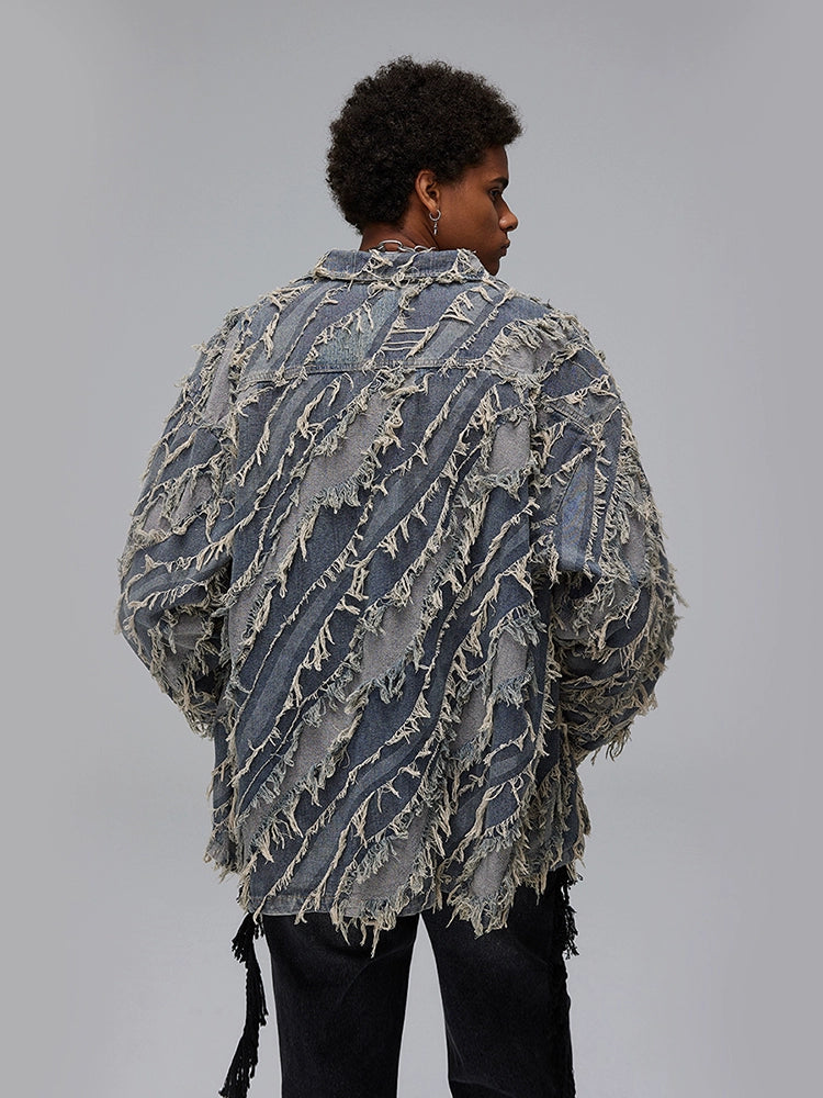 Raw Hem Colorblock Wash Denim Jacket WN17929