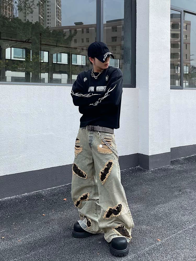 Leopard Mix Washed Damage Wide Leg Denim Jeans WN16298