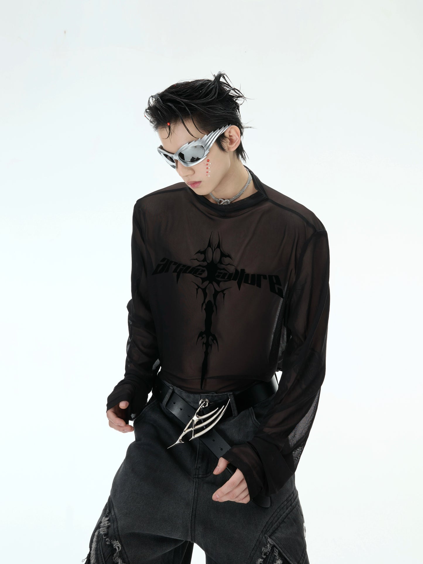 Sheer Mesh Punk Logo Long Sleeve T-shirt WN12893