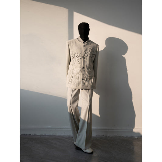 3D Floral Applique Collarless Jacket & Wide-Leg Trousers Setup WN23642