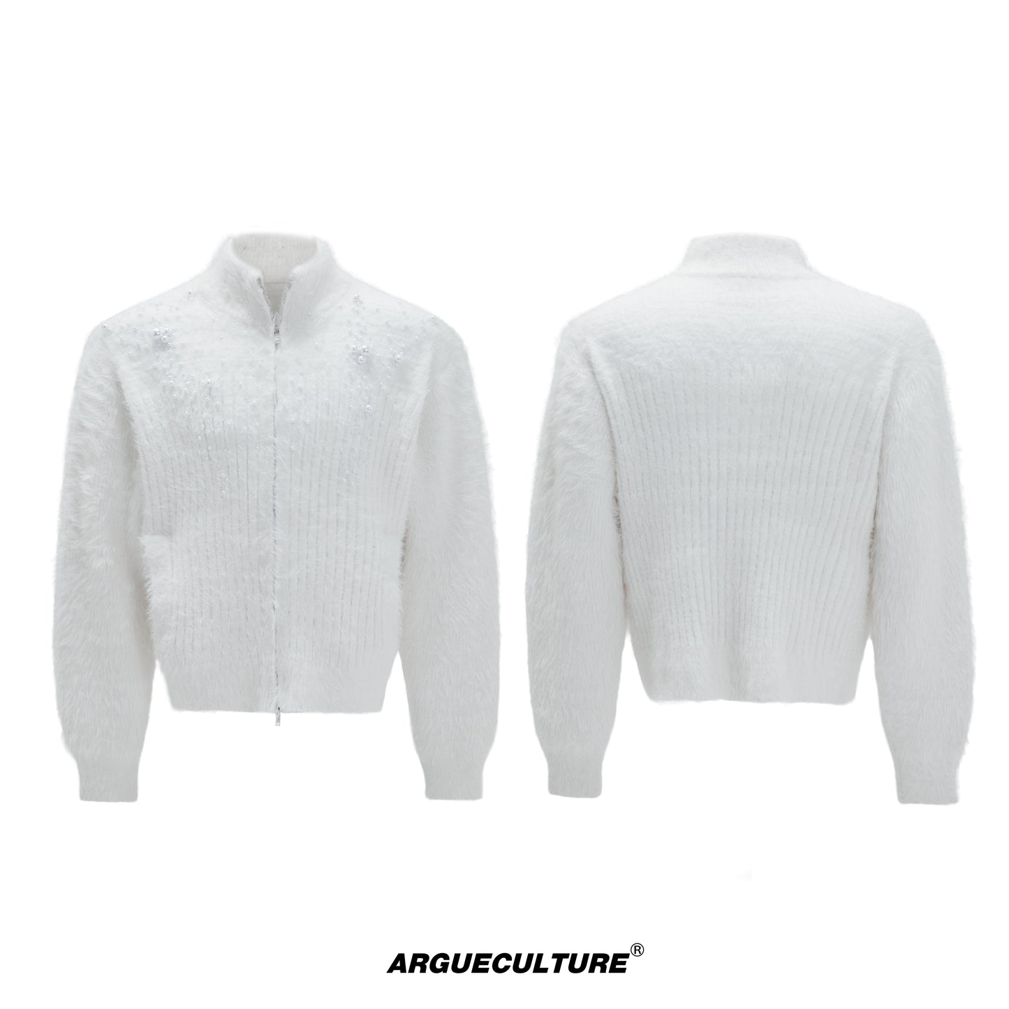 Pearl Embellished High-Neck Furry Knit Zipper Cardigan WN21720