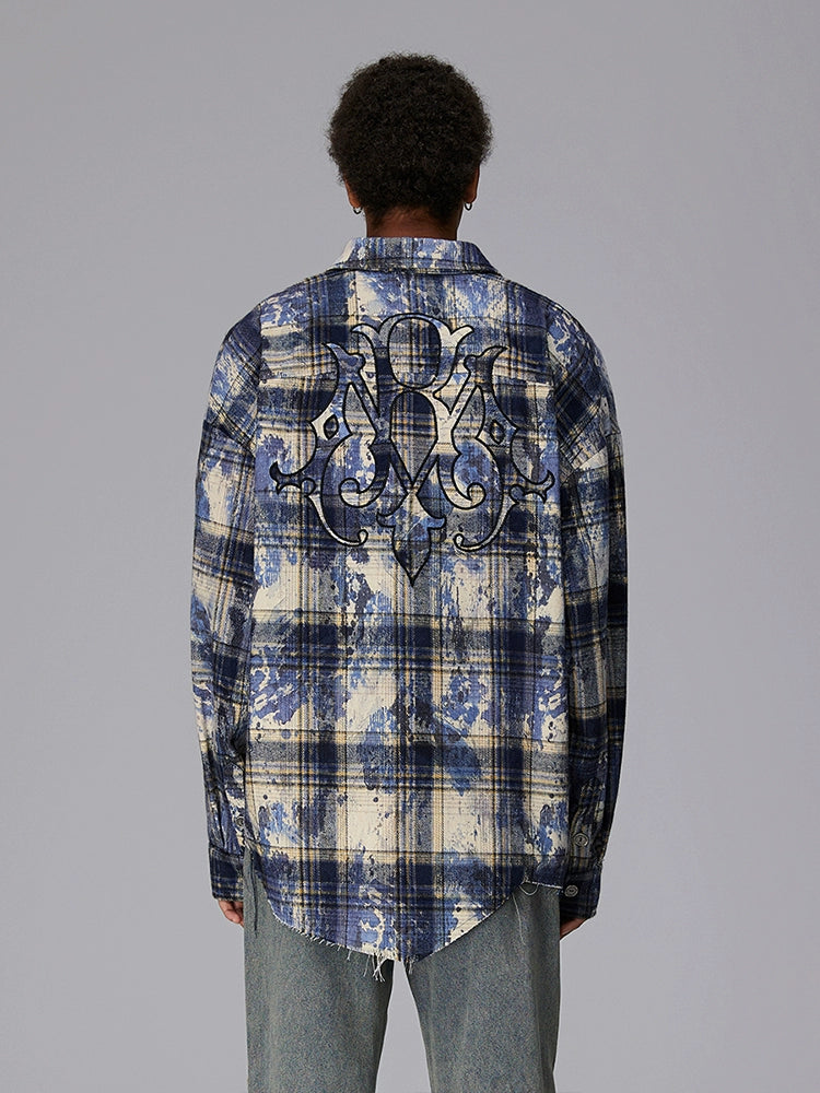 Graphic Embroidery Plaid Design Oversize Long Sleeve Shirt WN17872