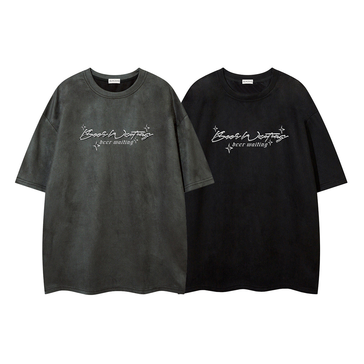 Text Embroidery Print Suede Short Sleeve T-Shirt WN16194