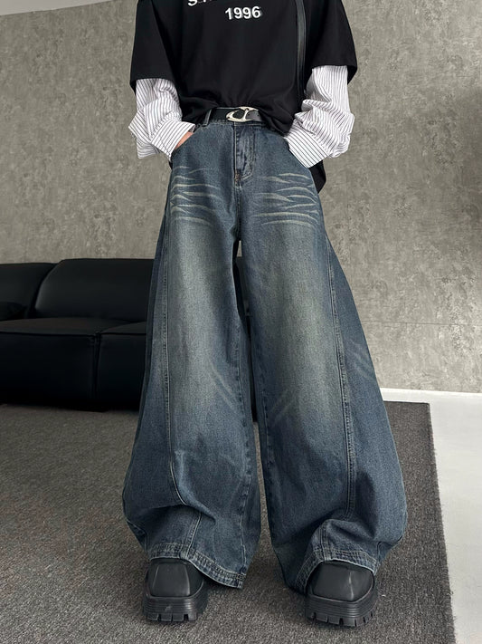 Draped Curved Cut Wide Leg Denim Jeans WN16773