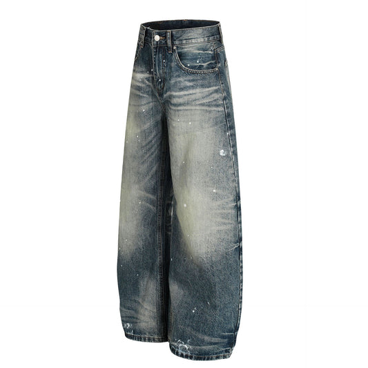 Washed Paint Splatter Curved Wide Leg Denim Jeans WN25737