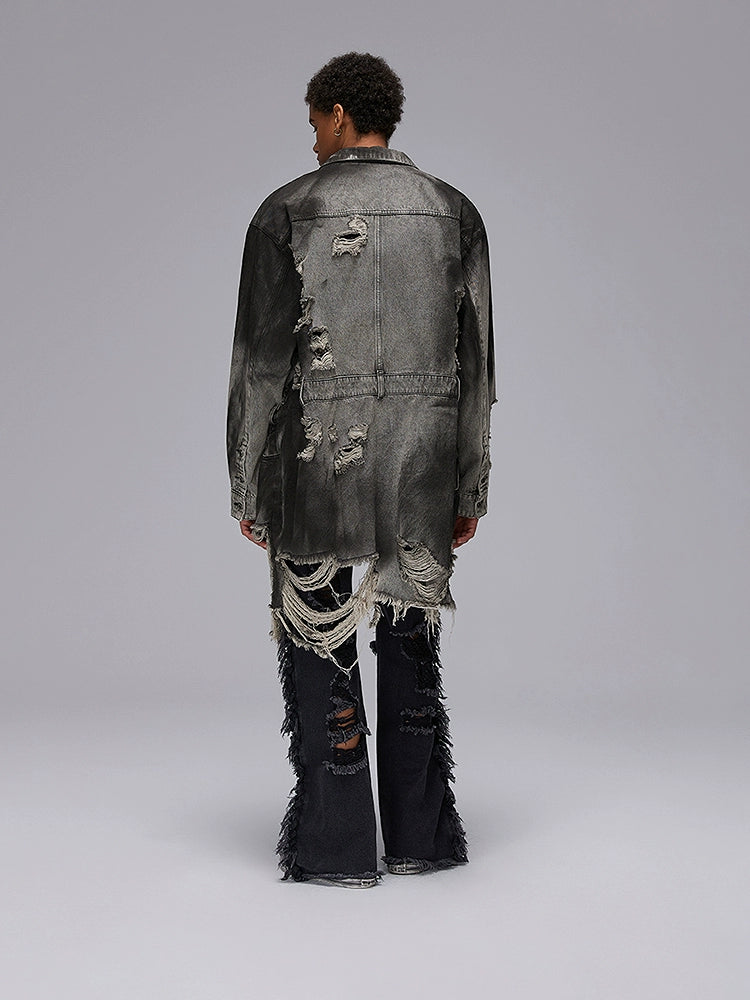 Damage Fringe Oversize Wash Long Sleeve Denim Shirt WN17984