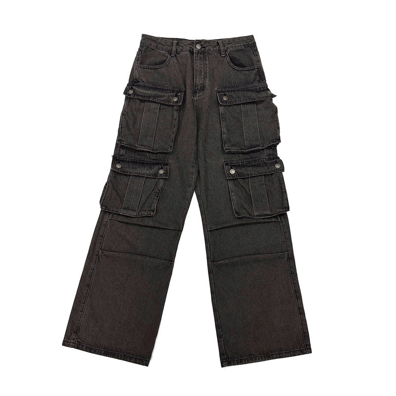Wash Damage Multi Pocket Straight Cargo Denim Jeans WN24360