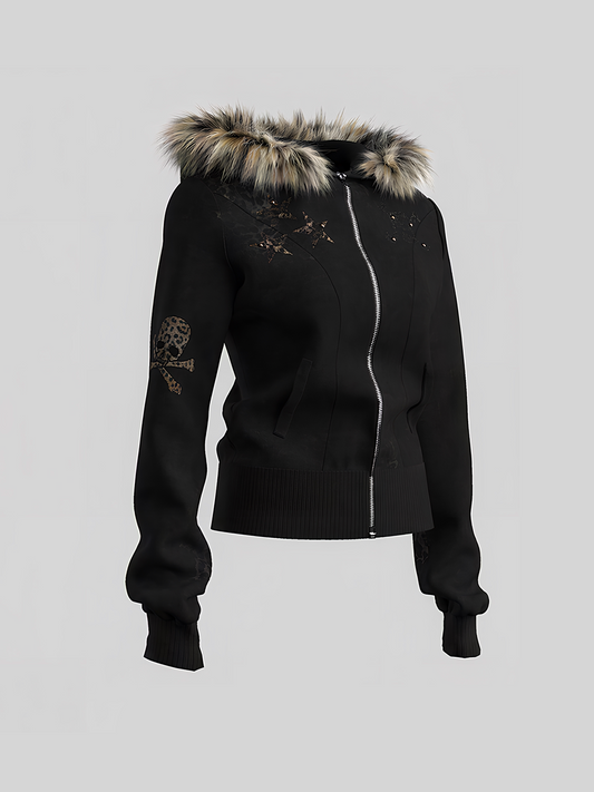 Fake Fox Fur Trim Skeleton Graphic Cropped Zipper Hoodie WN27097