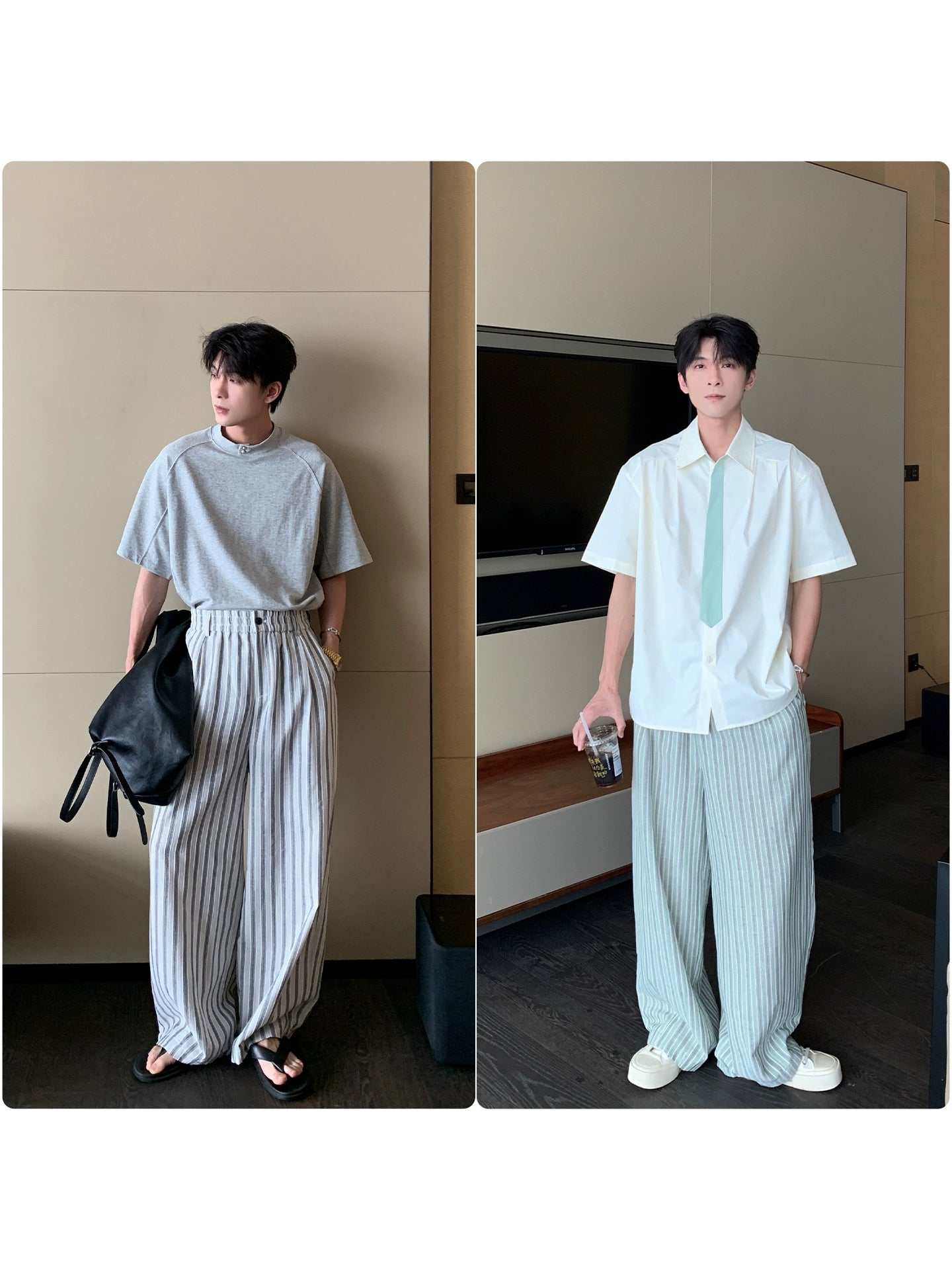 Striped Cotton Elastic Waist Wide Leg Straight Pants WN20442