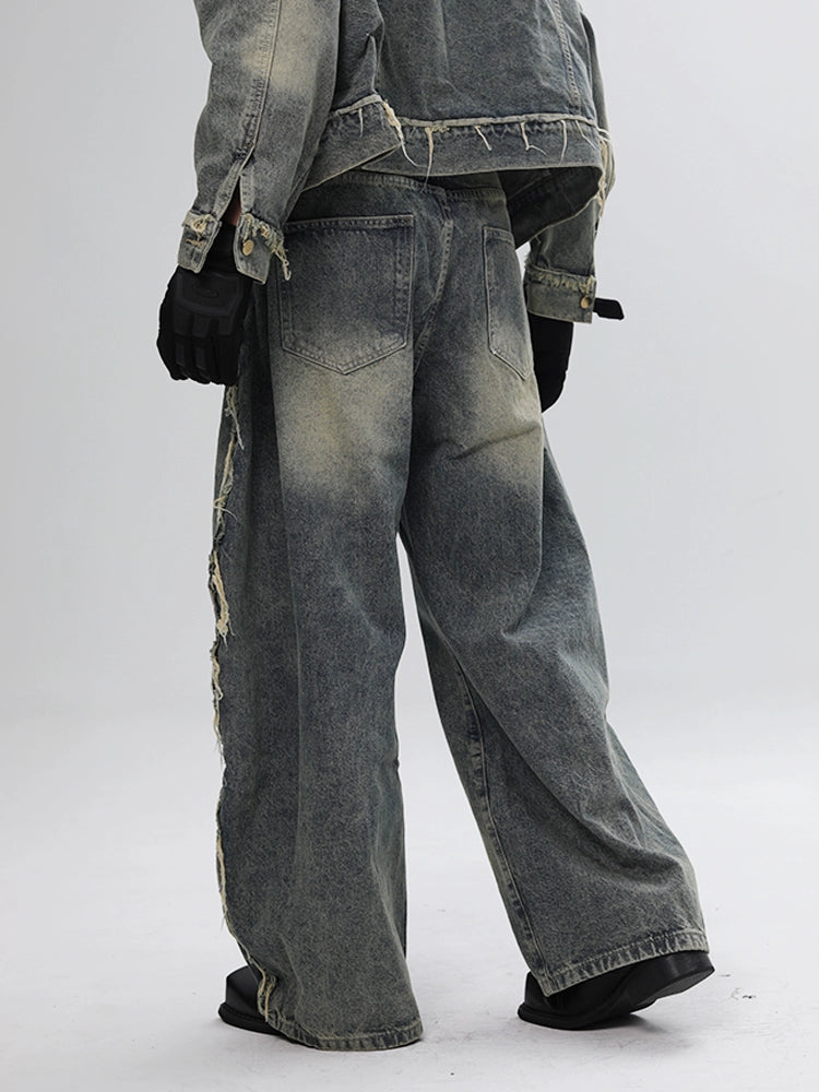 Fringe Curved Hem Wide Leg Denim Jeans WN18623