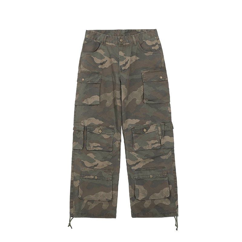 Washed Camo Cargo Multi Pocket Straight Pants WN17762