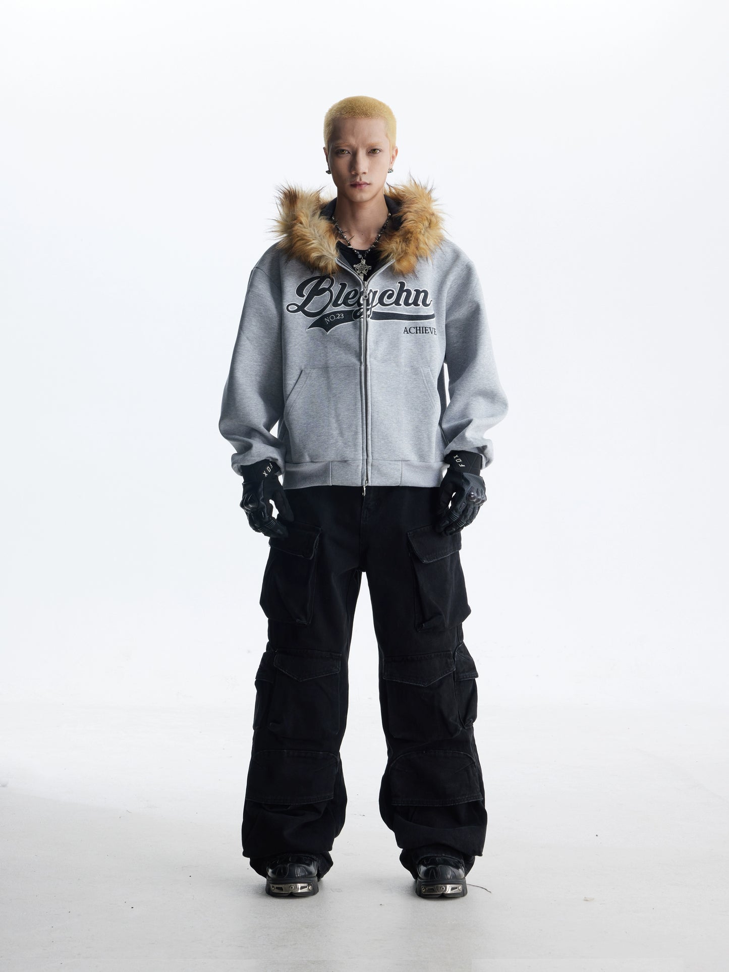 Fake Fur Design Embroidery Letter Oversize Zipper Hoodie WN20822