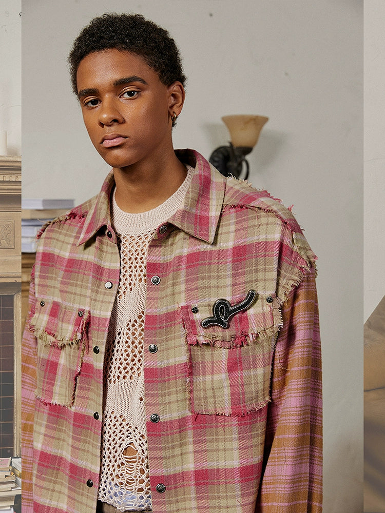 Colorblock Brushed Raw Hem Patchwork Plaid Long Sleeve Shirt WN18010