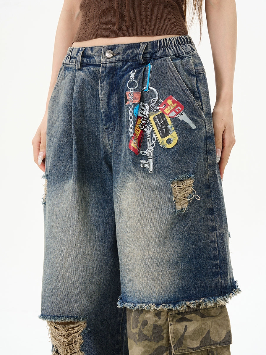 Camouflage Mix Damage Wide Leg Denim Jeans WN16353