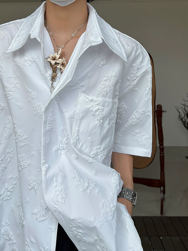 Embroidery Floral Two-Button Jacquard Short Sleeve Shirt WN20018