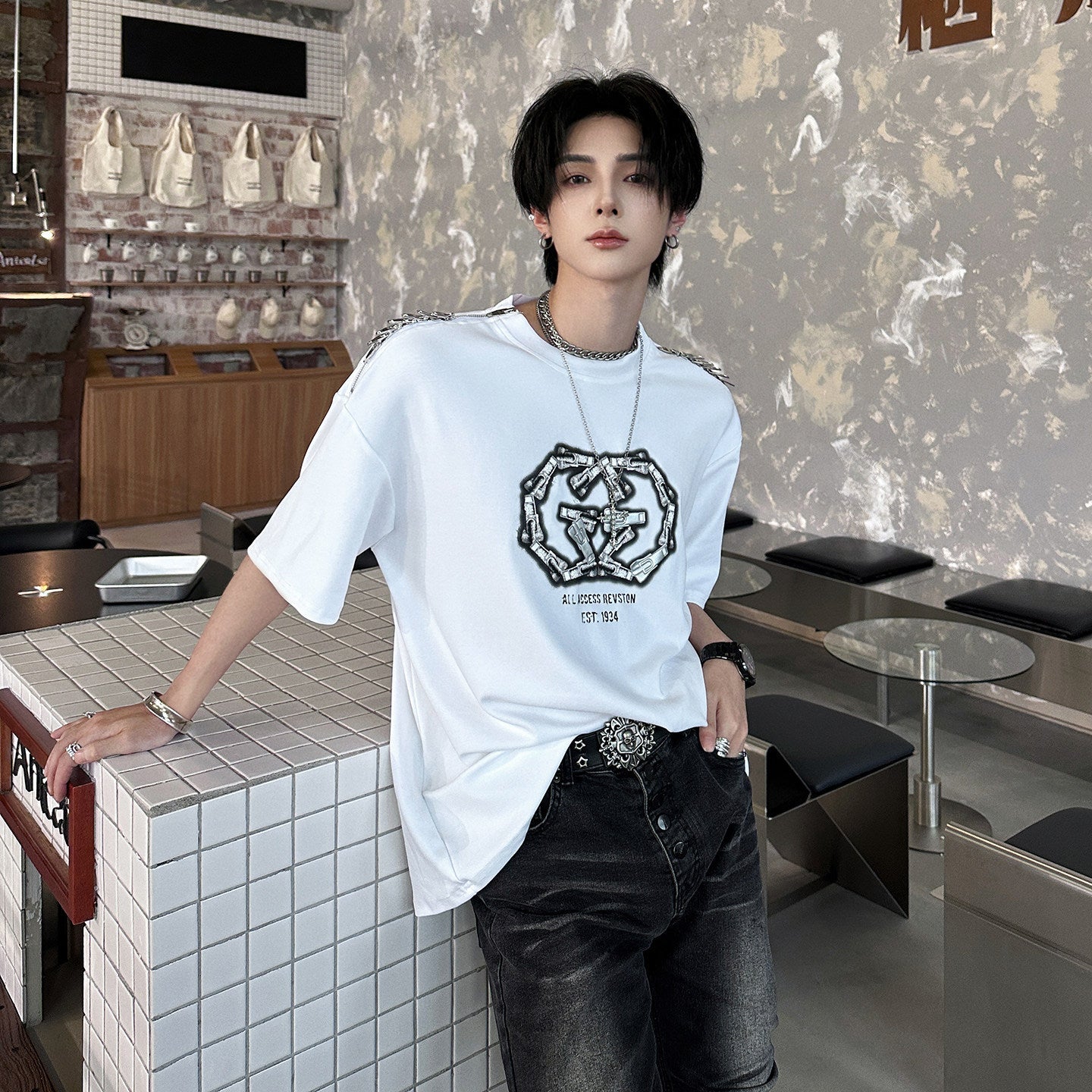 Art Print Spike Studs Short Sleeve T-Shirt WN25046