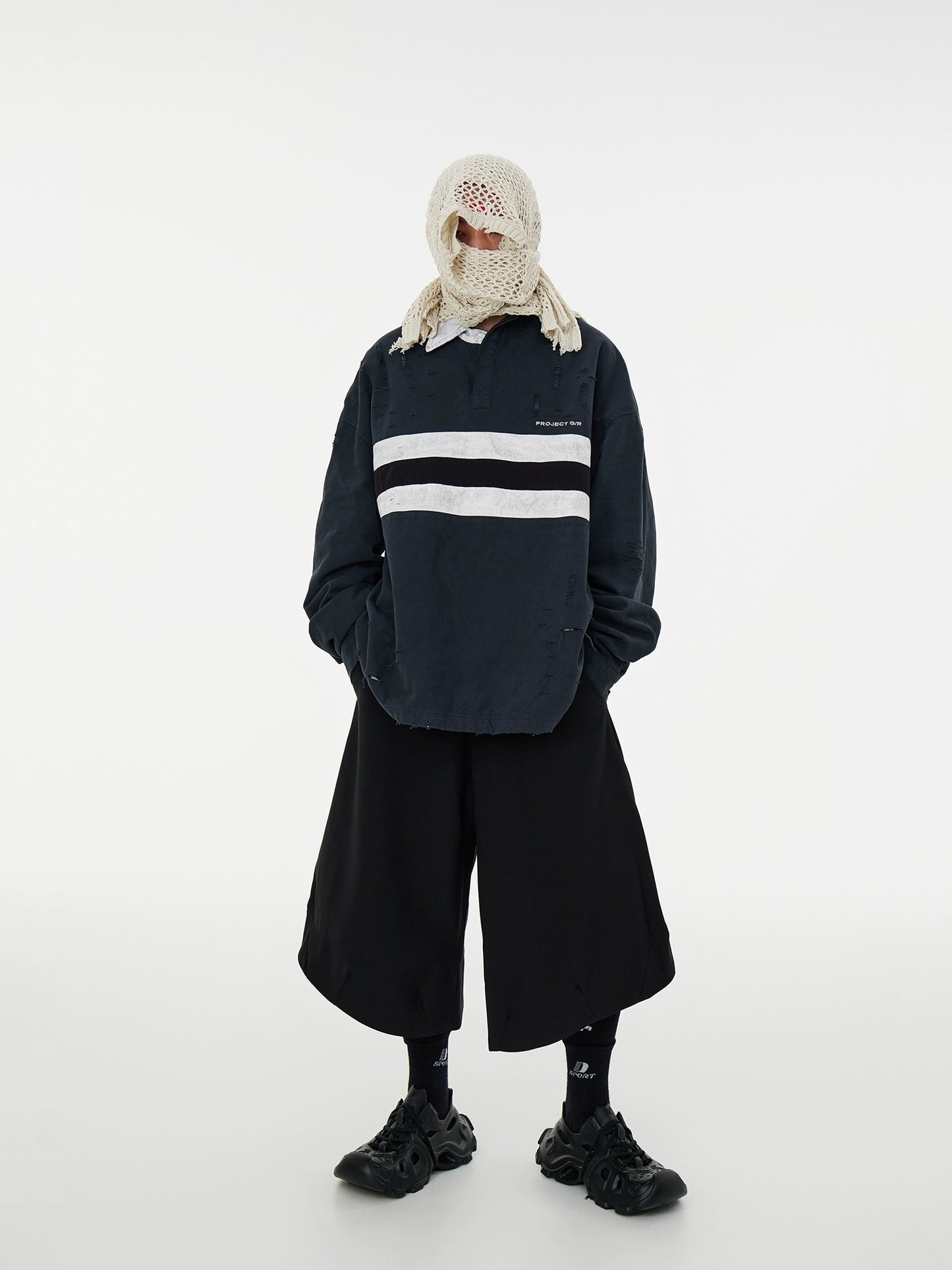 Washed Paint Damage Double Layer Irregular Collar Long Sleeve T-Shirt WN17005