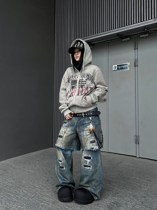 Damage Letter Print Fleece Lining Zipper Hoodie WN24208