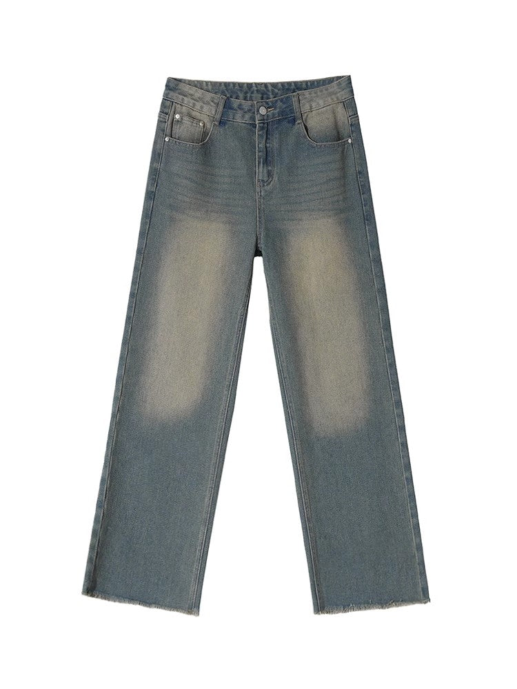 Yellow Mud Washed Wide-Leg Straight Denim Jeans WN6703