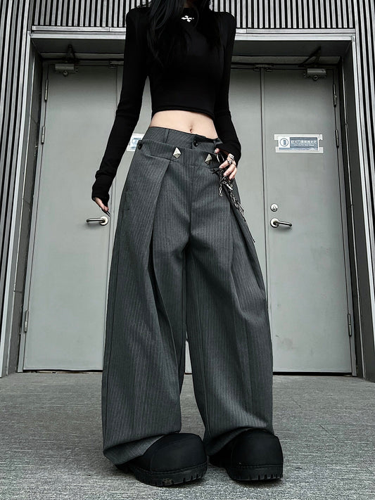 Double Waist Pleats A-Line Stripe Draped Wide Leg Trousers WN24225