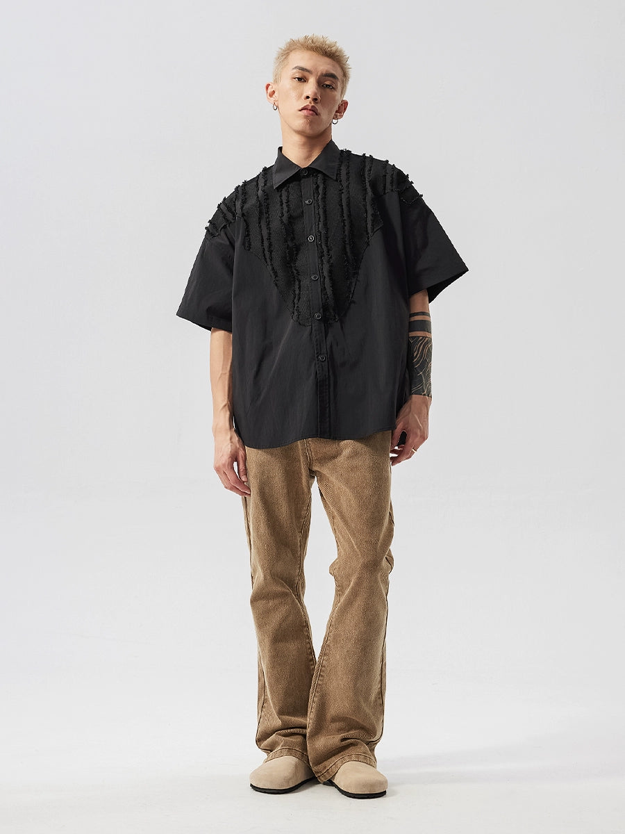 Deconstructed Raw Edge Patchwork Short Sleeve Shirt WN17501