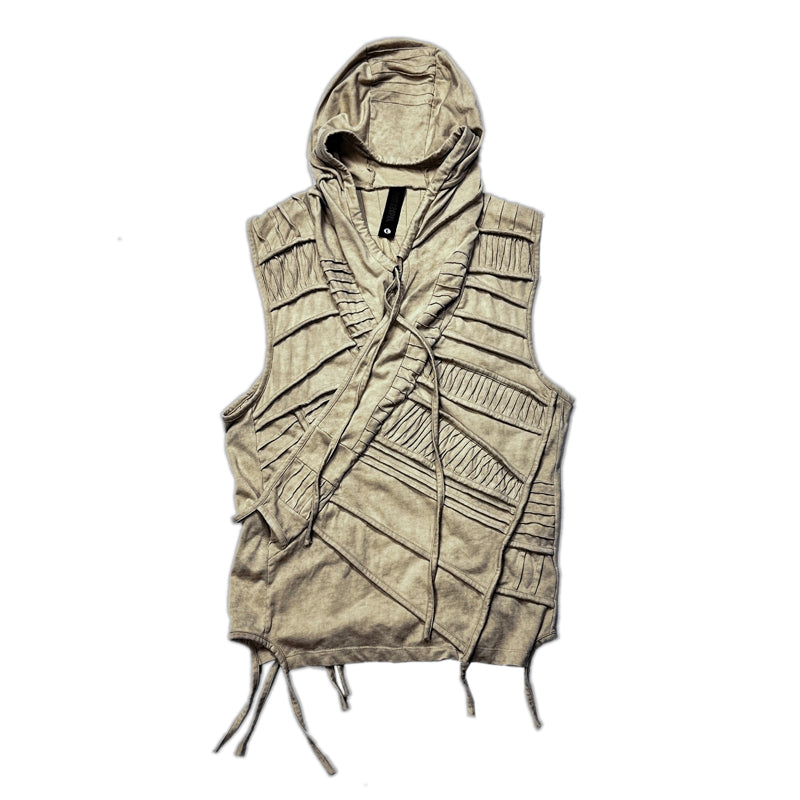 Wax-Dyed Washed Pleats Asymmetrical Hooded Vest WN13991