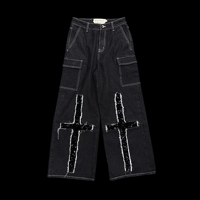 Damage Fringe Wide Leg Denim Jeans WN19011