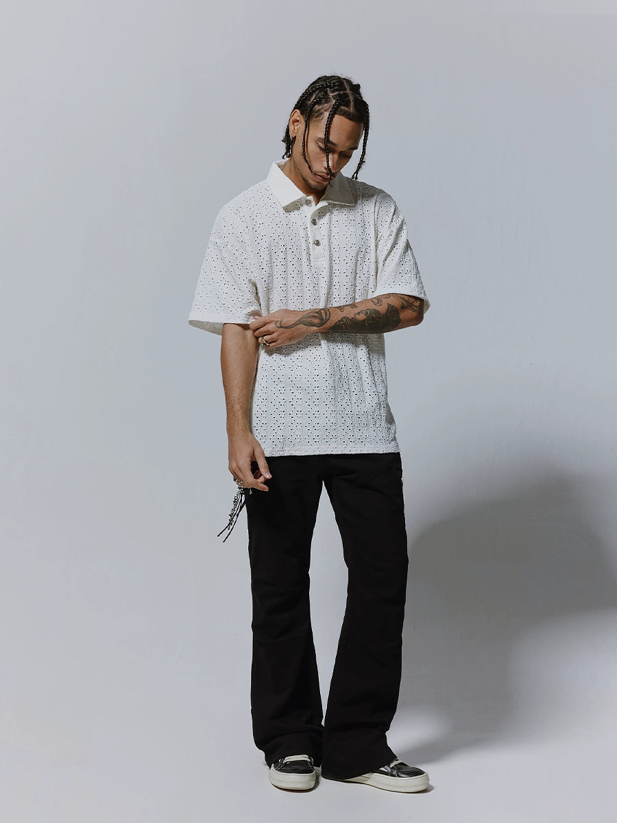 Hollow Design Oversize Short Sleeve Polo Shirt WN17549