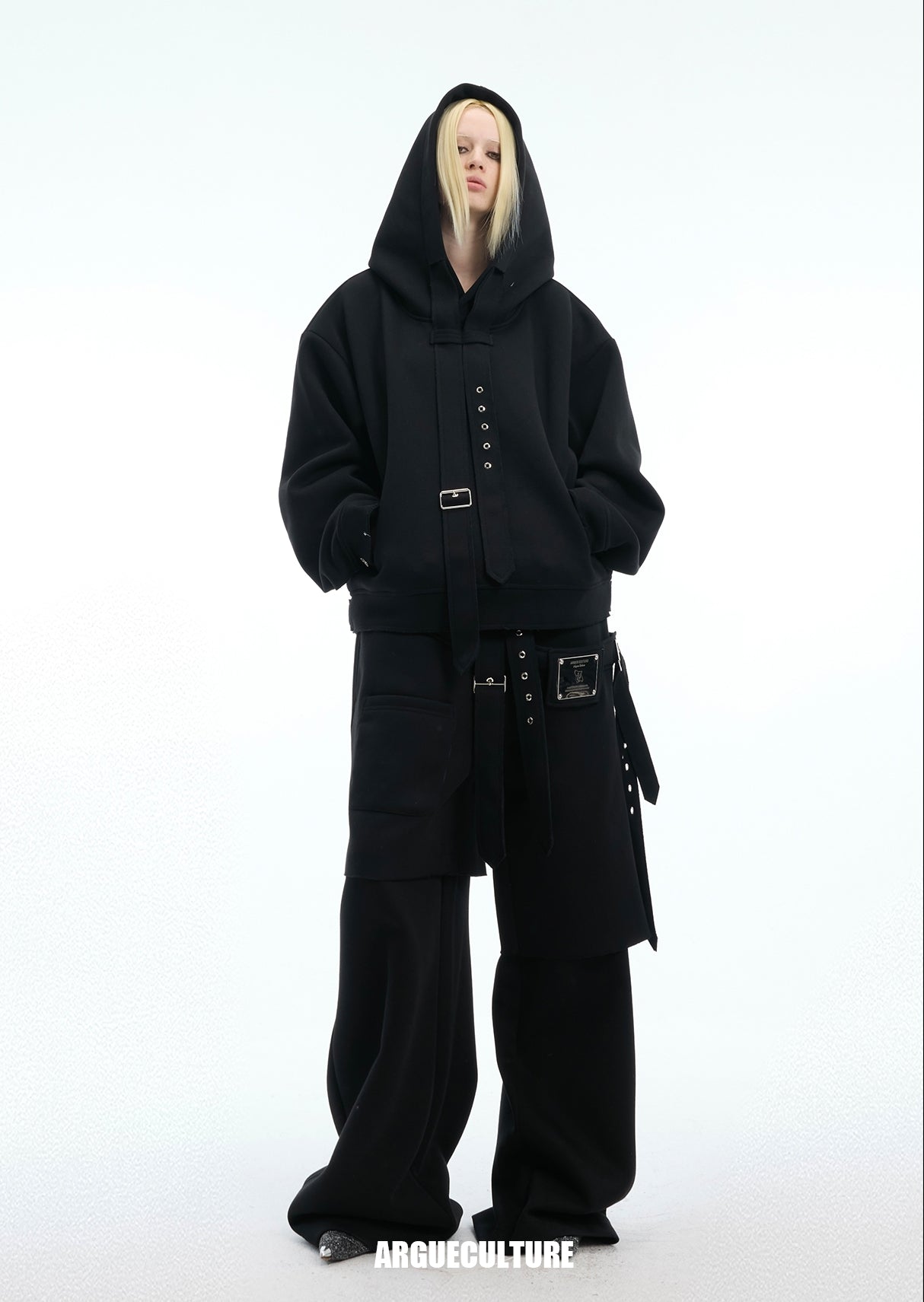 Heavyweight Strap Design Pullover Hoodie & Fake Layered Strap Design Sweatpants Setup WN14943