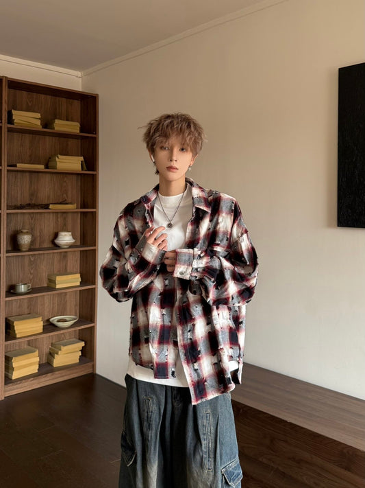 Damage Plaid Oversize Button-Front Long Sleeve Shirt WN23197