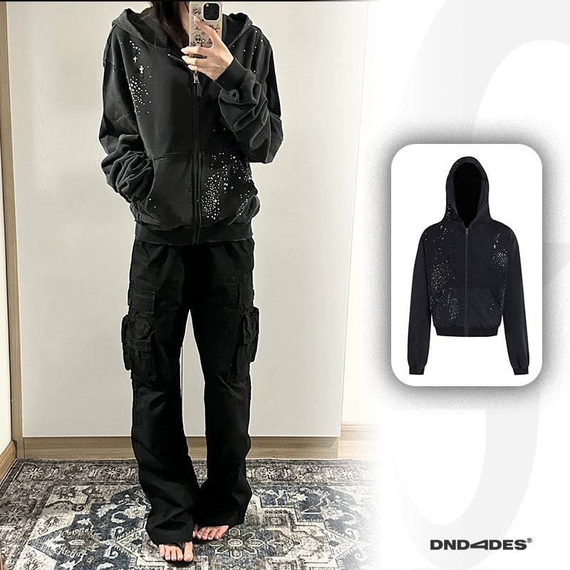 Star Rhinestone Washed Damage Zipper Hoodie WN17019