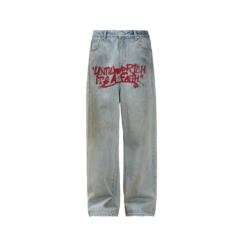Washed Graffiti Paint Design Wide Leg Denim Jeans WN17792