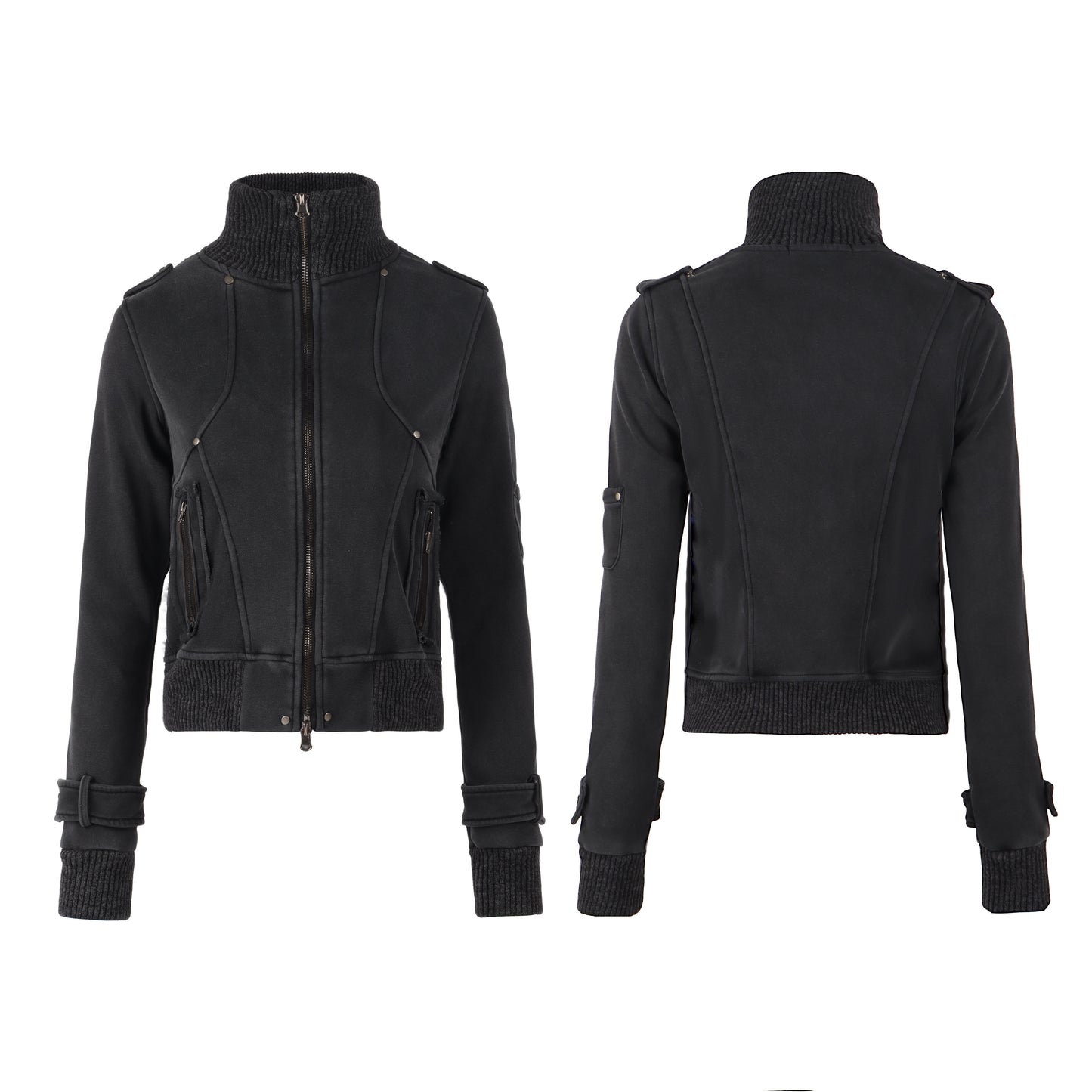 Washed Stand Neck Rivet Fleece Lining Jacket WN22761