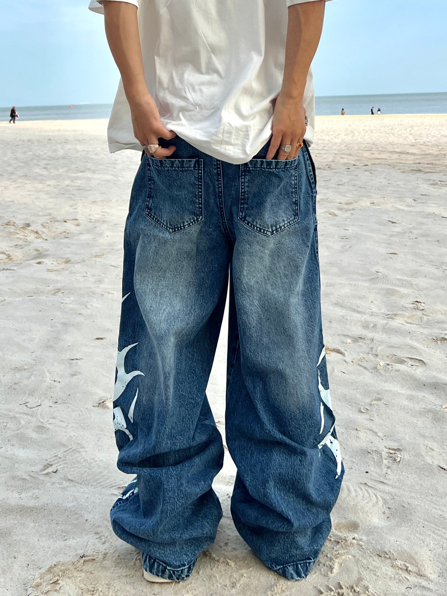 Flame Print Washed Wide Leg Denim Jeans WN24041