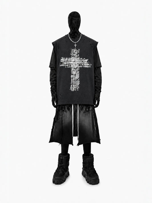 Cross Graphic Damage Sleeveless T-Shirt WN28060