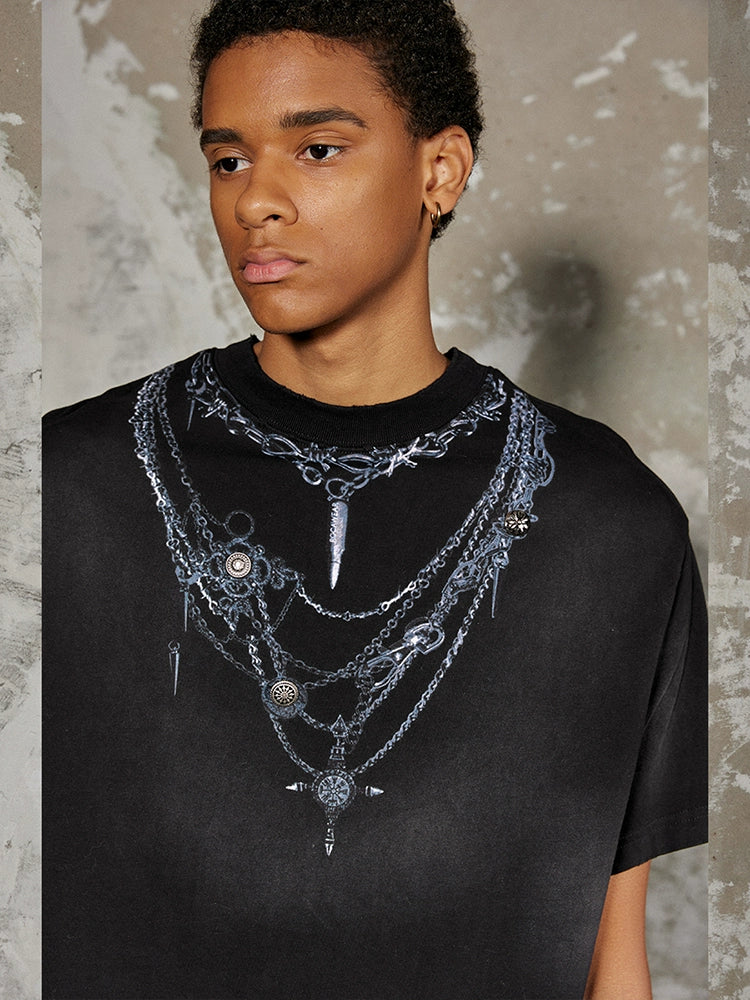 Graphic Print Washed Damage Oversize Short Sleeve T-Shirt WN17817