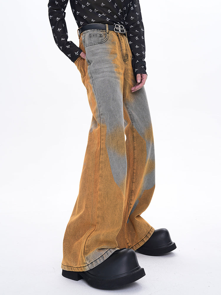 Gradient Short Sleeve Damage Denim Shirt Jacket & Micro Flare Denim Jeans Setup WN6913