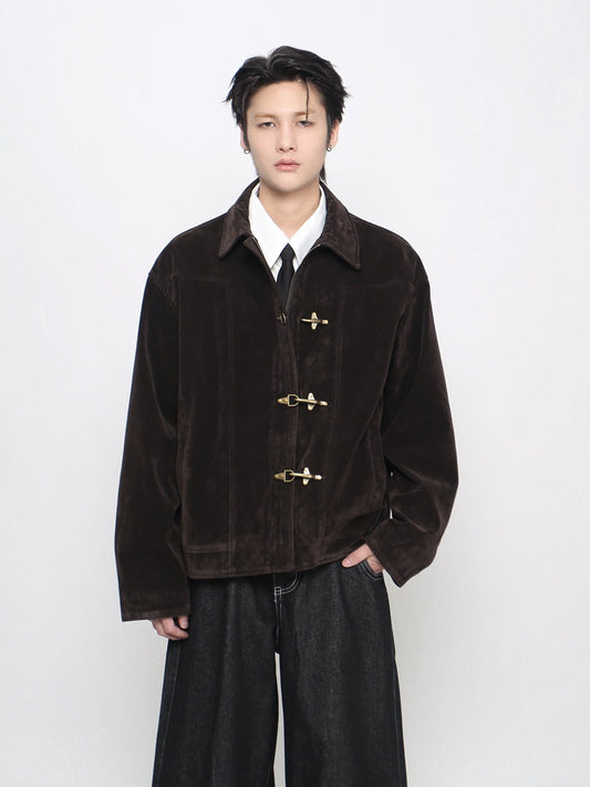 Washed Metal Buckle Button Suede Jacket WN24480