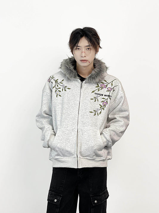 Fake Fur Collar Floral Embroidery Hoodie WN24287
