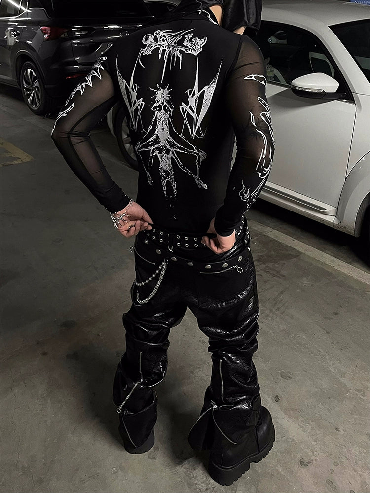 Mesh See-Through High-Neck Long Sleeve T-Shirt WN16309