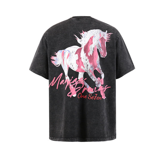 Washed Graphic Horse Print Short Sleeve T-Shirt WN25502