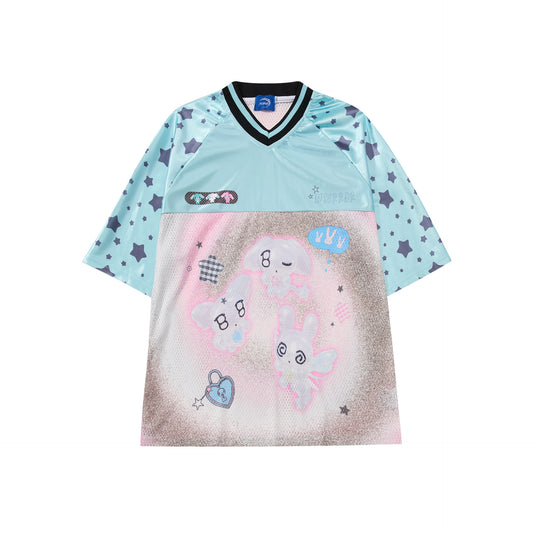 Cartoon Graphic Print V-Neck Short Sleeve T-Shirt WN25590
