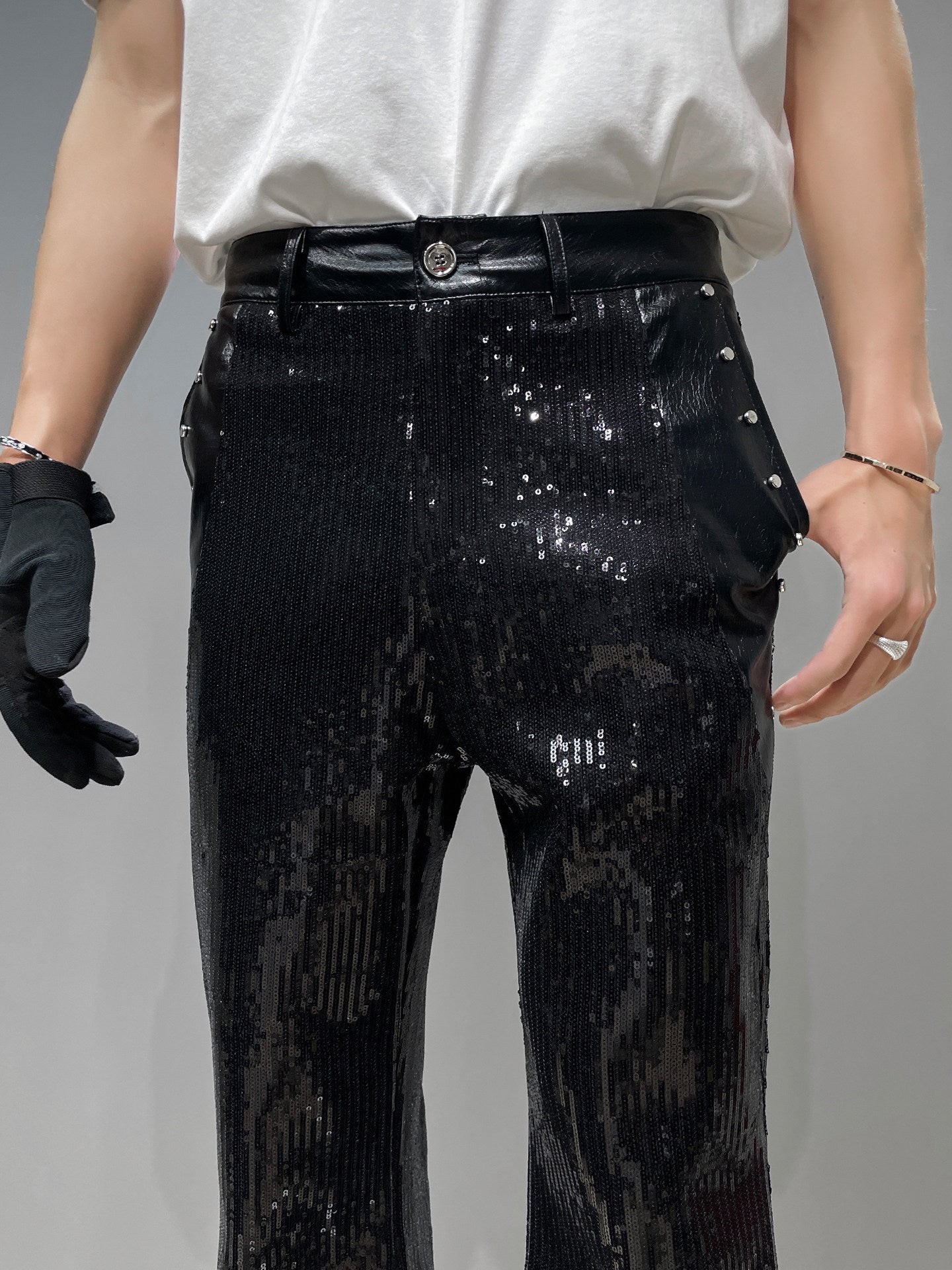 Sequin Patchwork PU Leather Wide Leg Pants WN23918