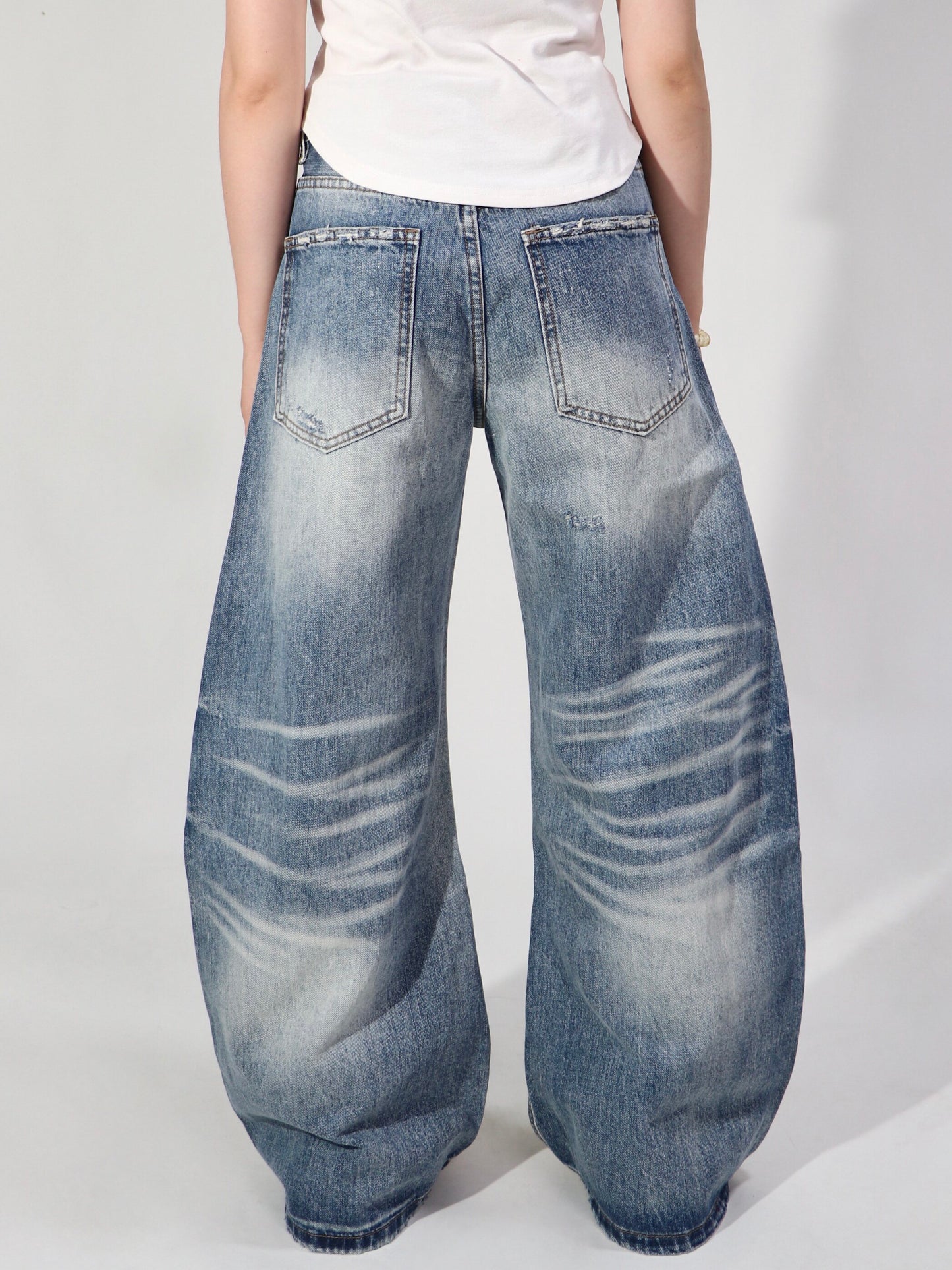 Whisker Washed Gradient Curved Wide Leg Denim Jeans WN24109