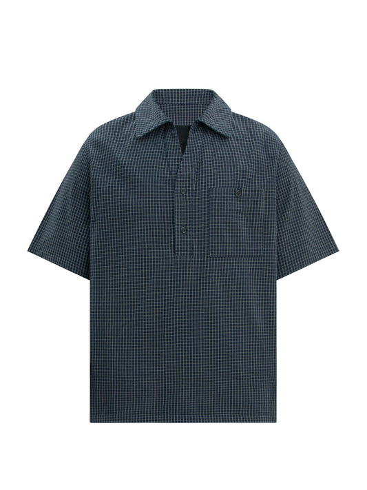 Plaid Fake Layered Half-Placket Polo Collar Pocket Short Sleeve Shirt WN26347